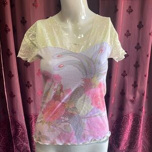Y2K  Lime Green Lace Tropical Floral Bird Women’s T-Shirt Size Medium